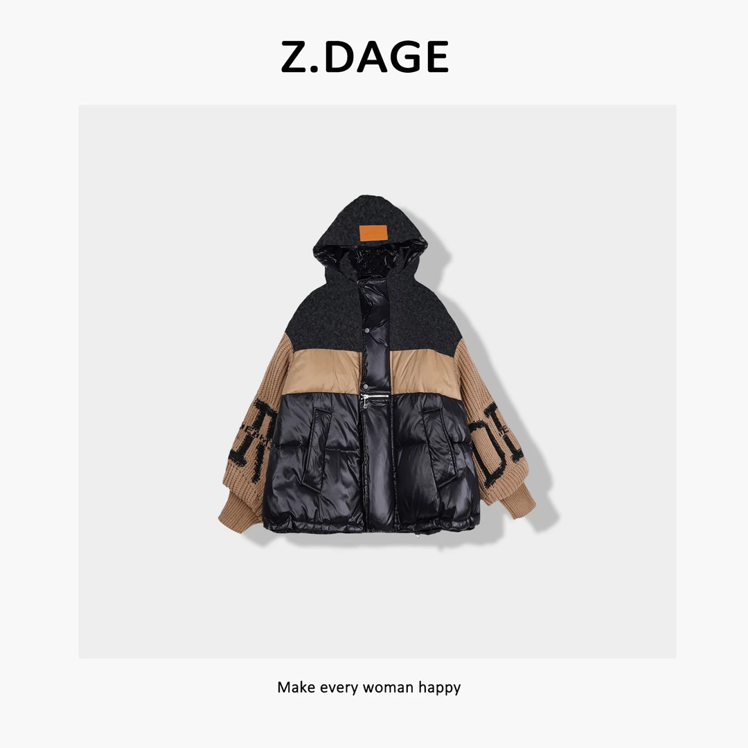 z.dage-‘大地之印’潮牌感秋冬时尚加绒拼接连帽羽绒服-23041