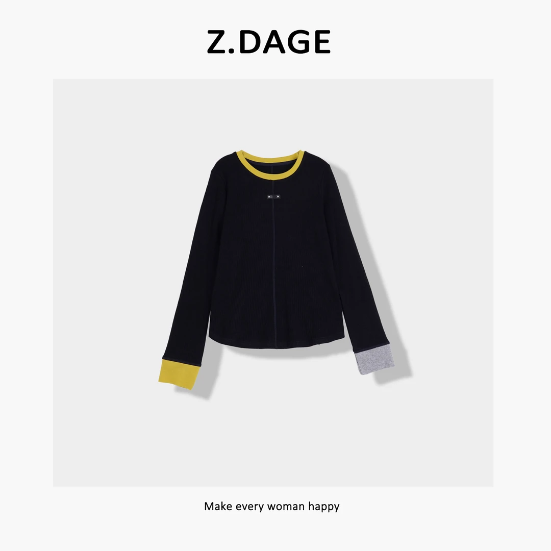 z.dage-'简爱日记‘极简风小众修身款拼接撞色设计长袖T恤-5119