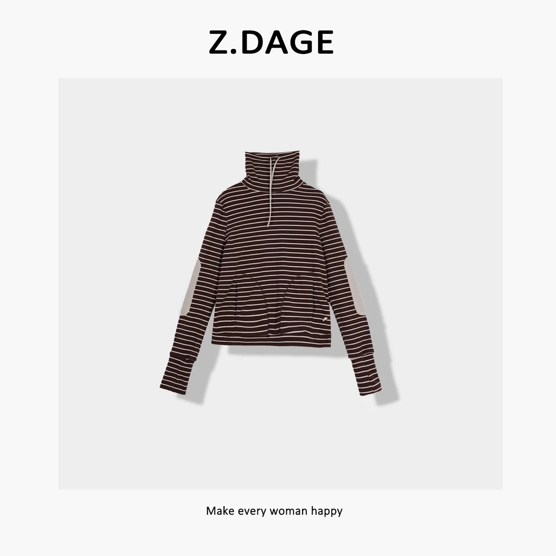 z.dage-'冰岛之夜’时尚极简韩系百搭条纹抽绳高领卫衣-80689
