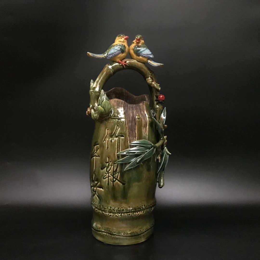 【本尼家】AM01非遗手工石湾陶瓷摆件《竹报平安》小鸟竹子玄关摆件