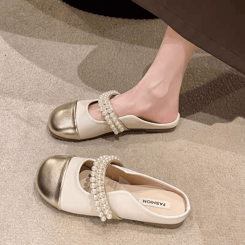 小众包头半拖鞋女夏外穿2024新款串珠一字带平底鞋休闲百搭懒人凉