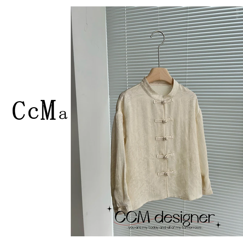 【CCM】女童新中式衬衫2024秋季新款中国风白色提花盘扣衫长袖上衣