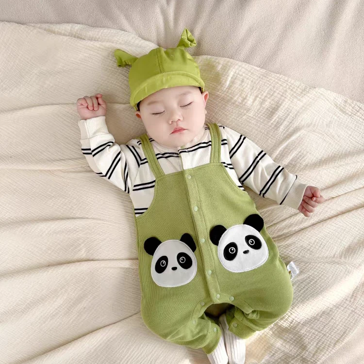 婴儿哈衣春秋包屁衣前开扣宝宝背带小熊猫连体衣男婴童假两件爬服