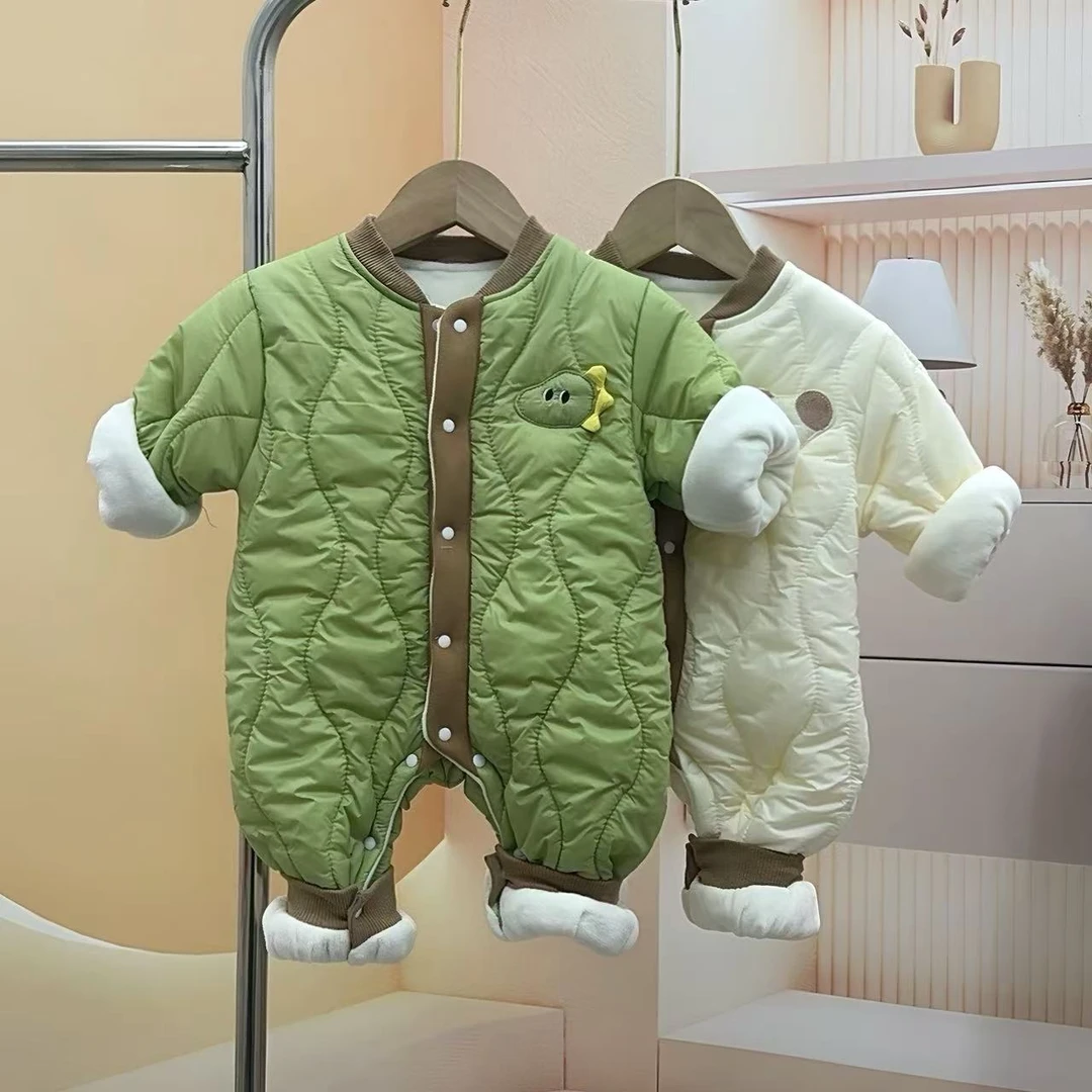 新生儿衣服秋冬新款加棉哈衣外出服宝宝薄棉加绒连体衣