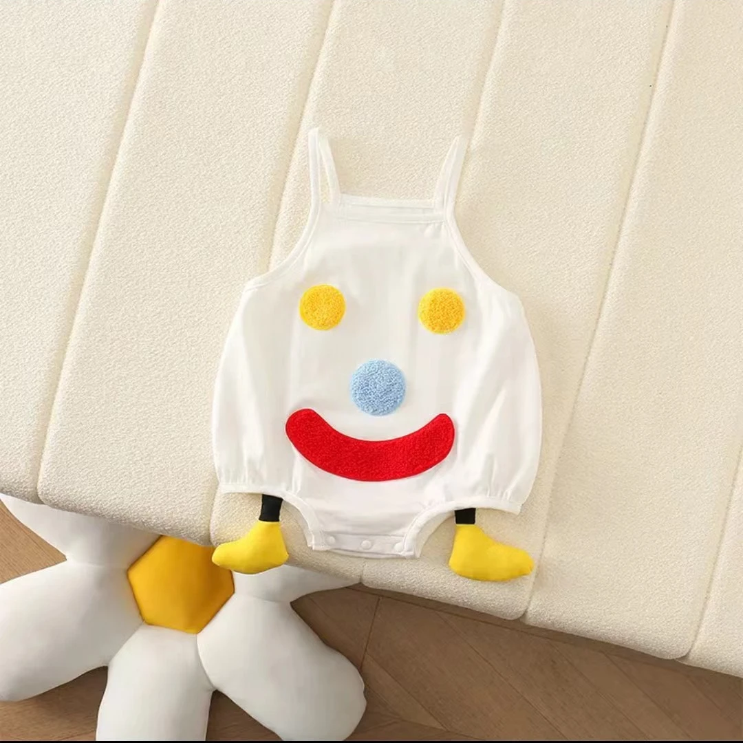 新生儿夏季薄款吊带男女宝宝笑脸洋气夏季毛巾绣卡通包屁三角爬服