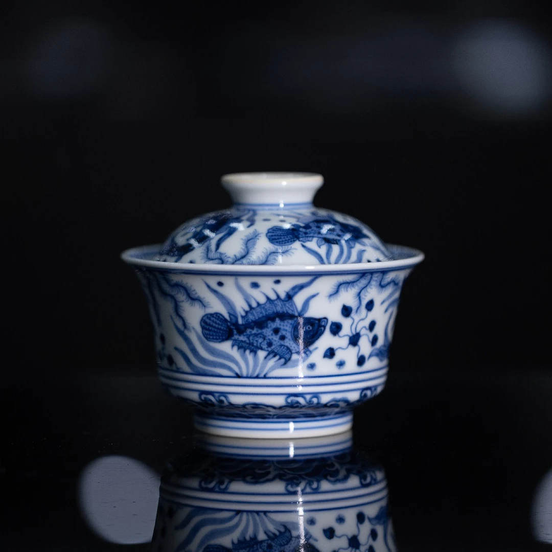 刘建锋窑名窑高档纯手工手绘柴窑青花鱼藻马蹄盖碗