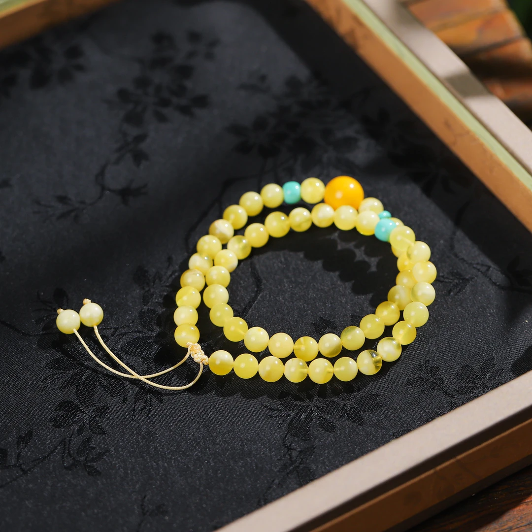 【蒹葭】天然蜜蜡双圈手编绳·黄色满蜜可调节多圈手串手链