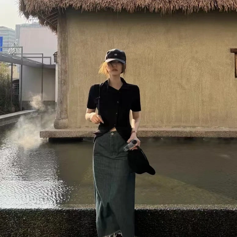 粥粥家(10-100)黑色高领短袖针织衫女夏薄款修身坑条上衣