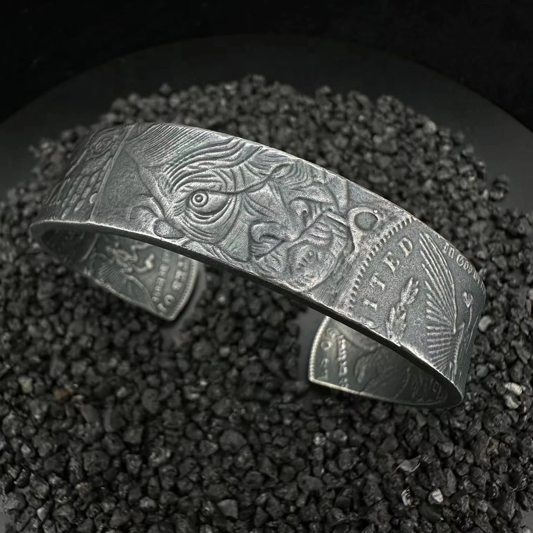 鸿聚隆 925银手镯 NO020样品复古摩根币做旧素款雕刻实心镯子磨砂