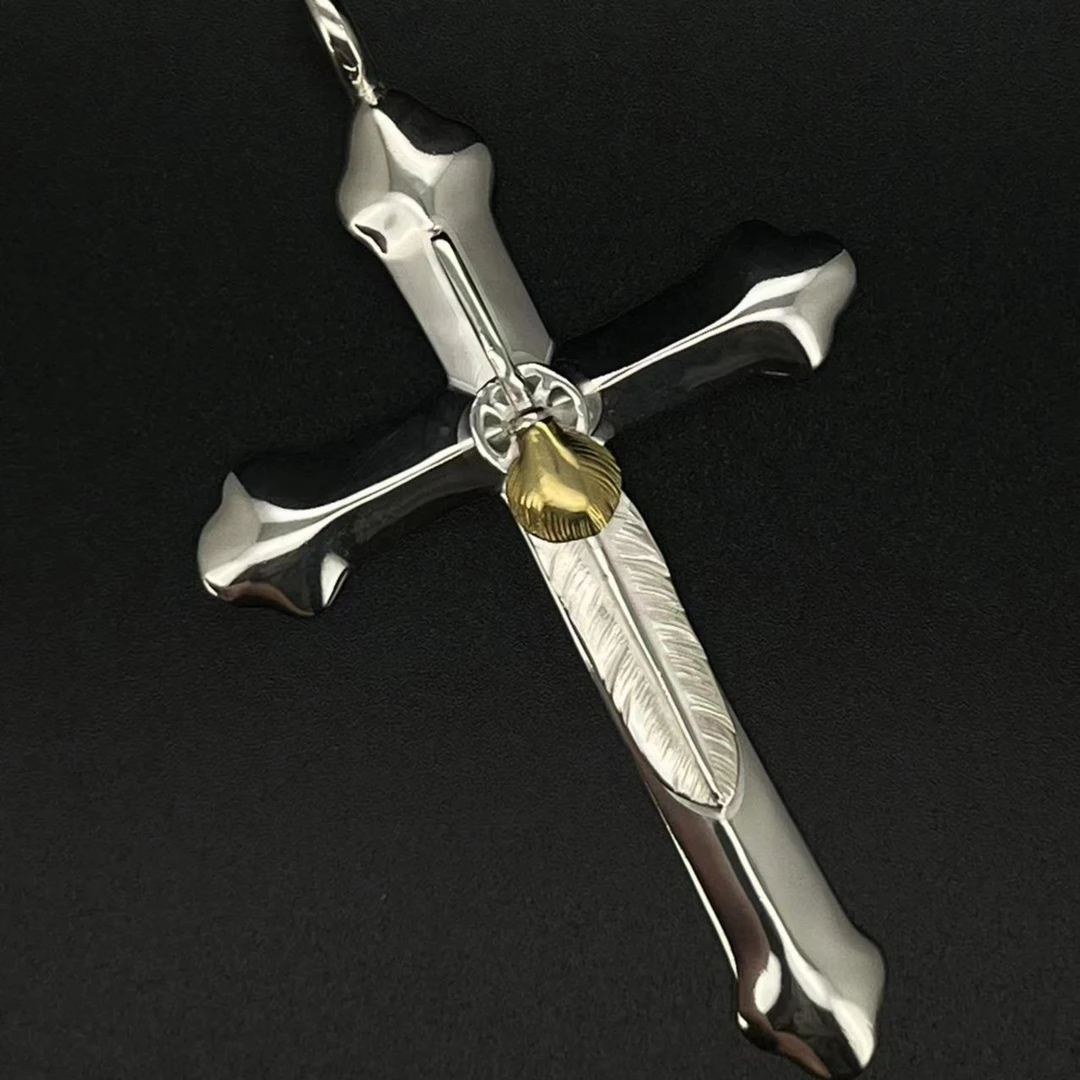 鸿聚隆 吊坠925银 NO268金贝羽毛十字架手工素款个性小众日韩时尚