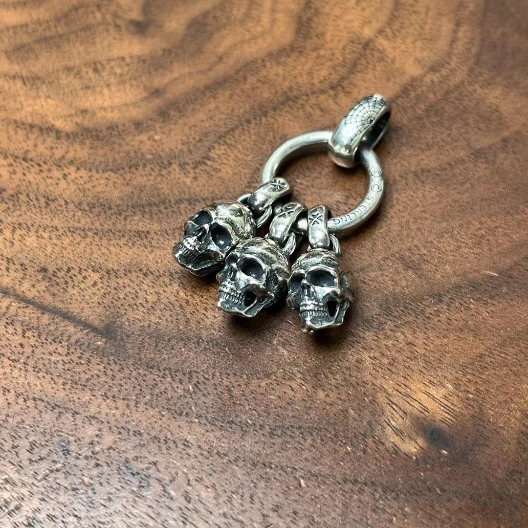 吊坠925银 D021三骷髅手工时尚百搭复古个性银色做旧素款简约