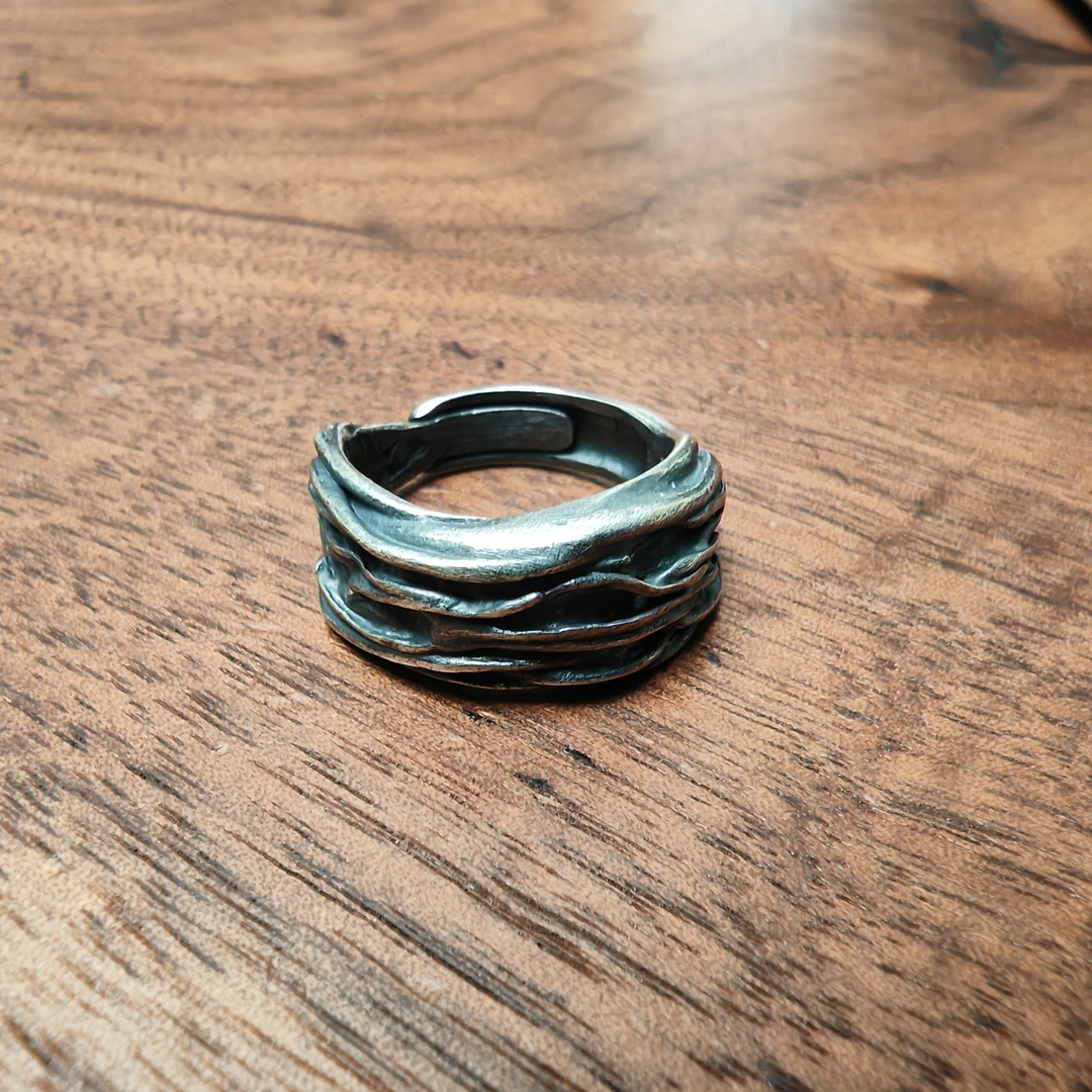 925银戒指 J141树皮纹戒指复古百搭欧美重工小众个性可调节