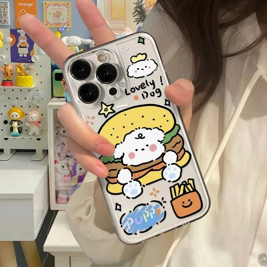 卡通汉堡小狗苹果15手机壳iPhone14透明13promax全包11防摔12软78