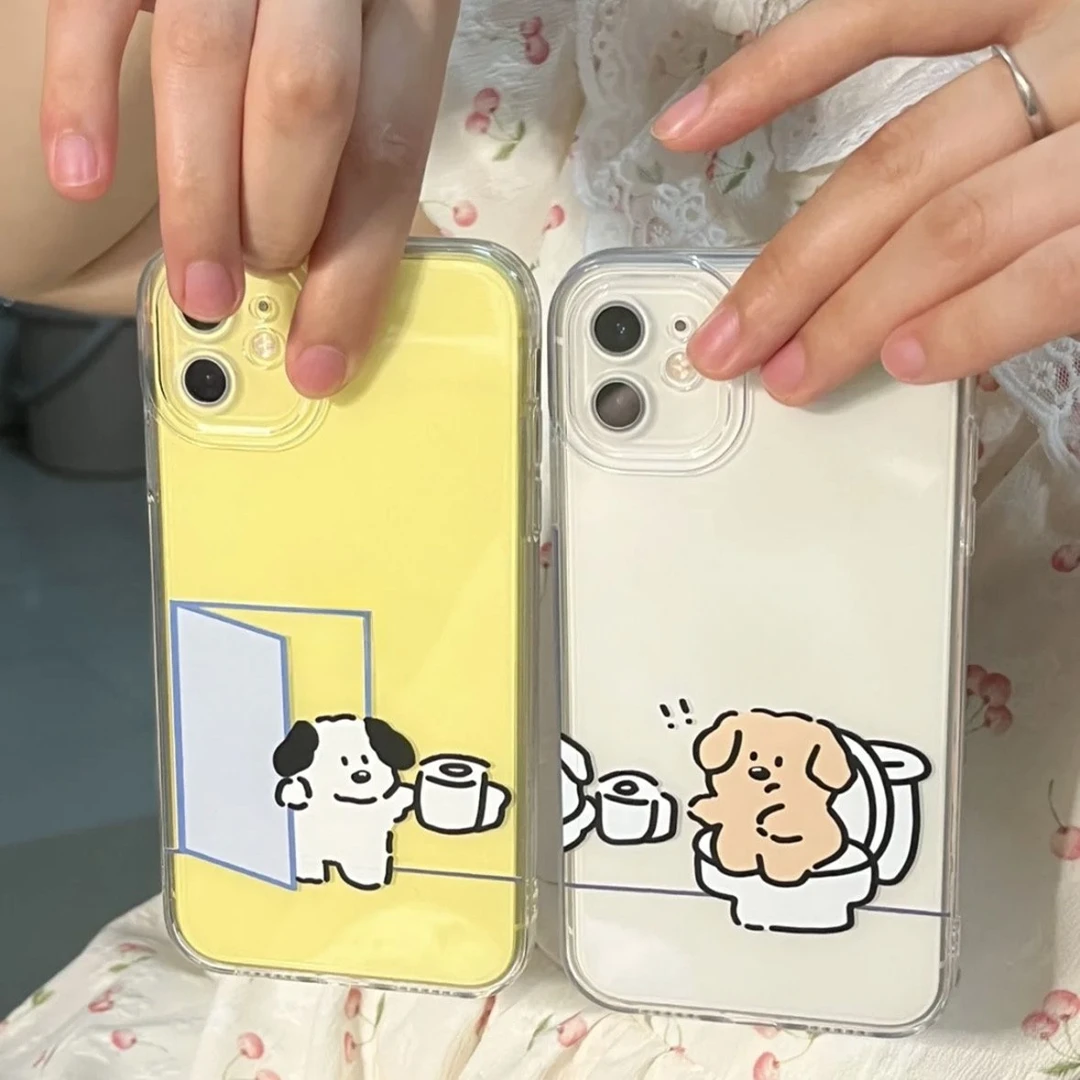 新款蹲厕所小狗苹果15手机壳iPhone14透明13promax全包11防摔12软