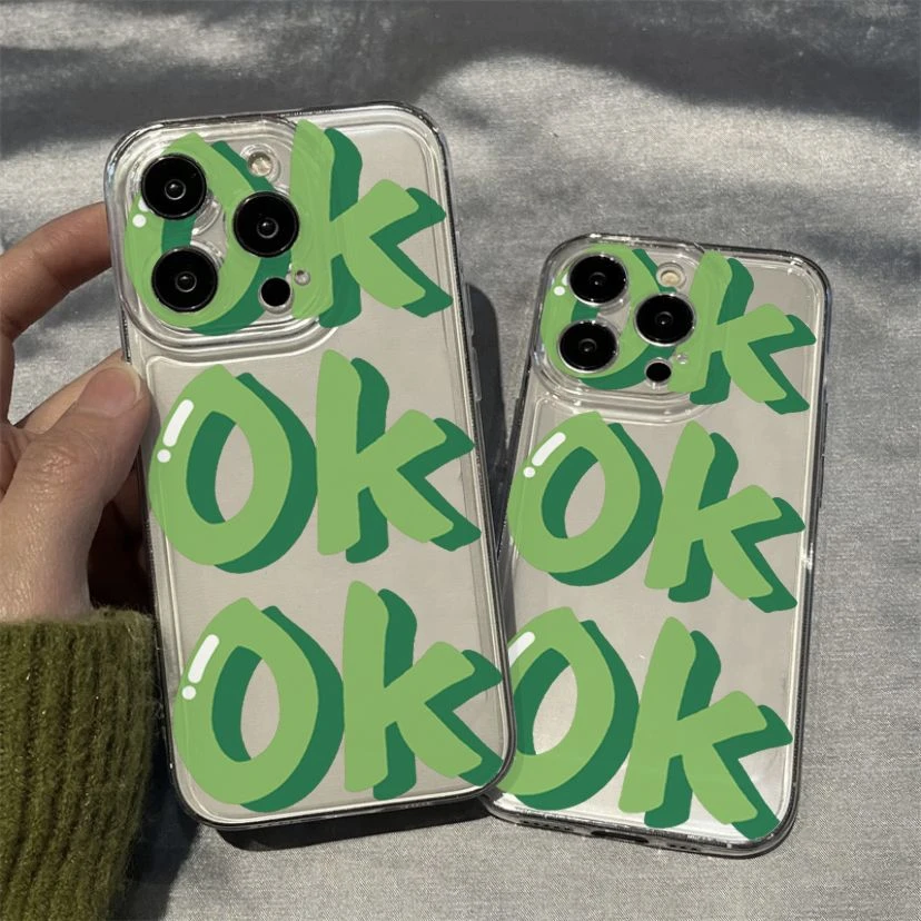 新款简约绿OK苹果15手机壳iPhone14透明13promax全包11防摔12软8P