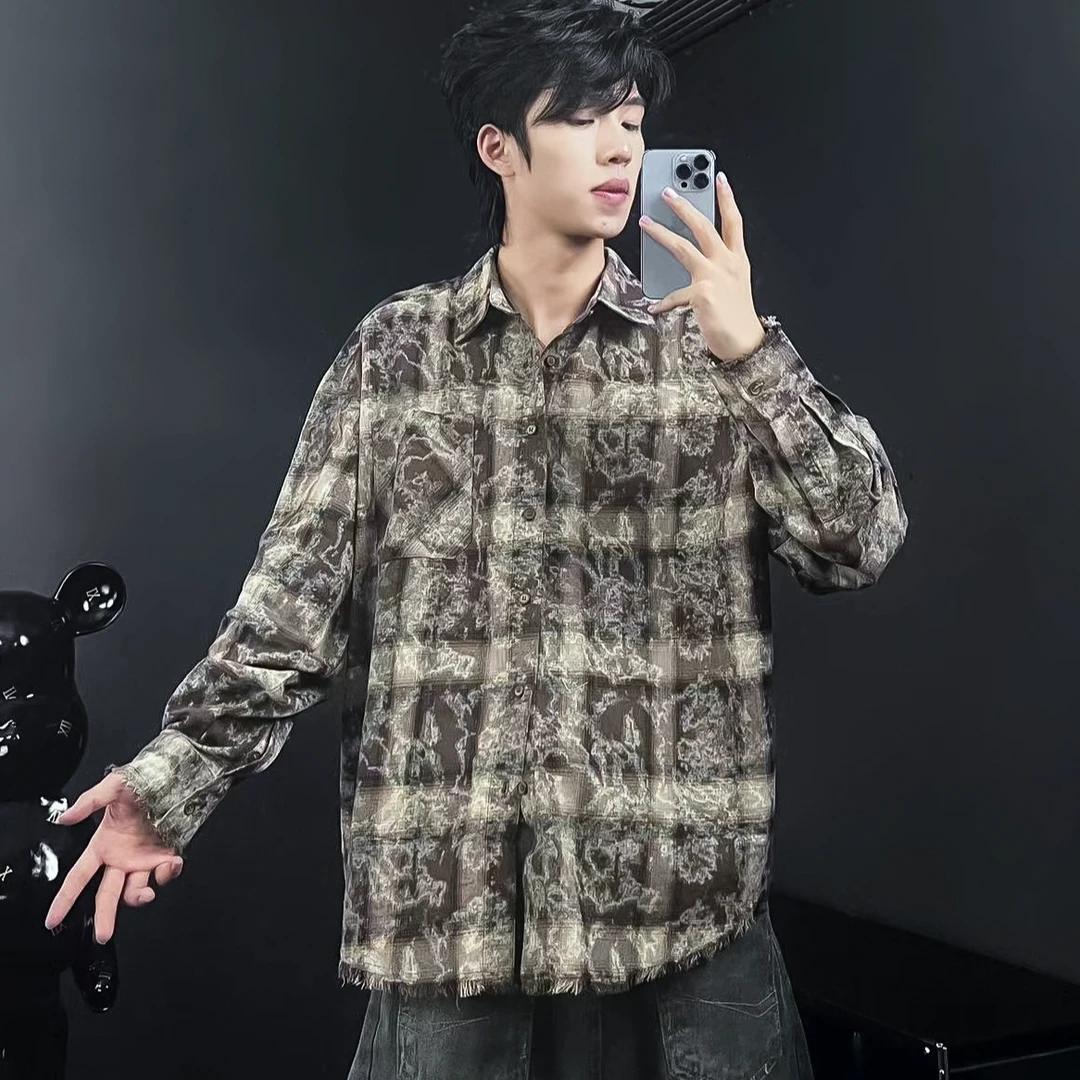 2025早秋新款美式复古高街长袖休闲宽松痞帅格子男女同款衬衫