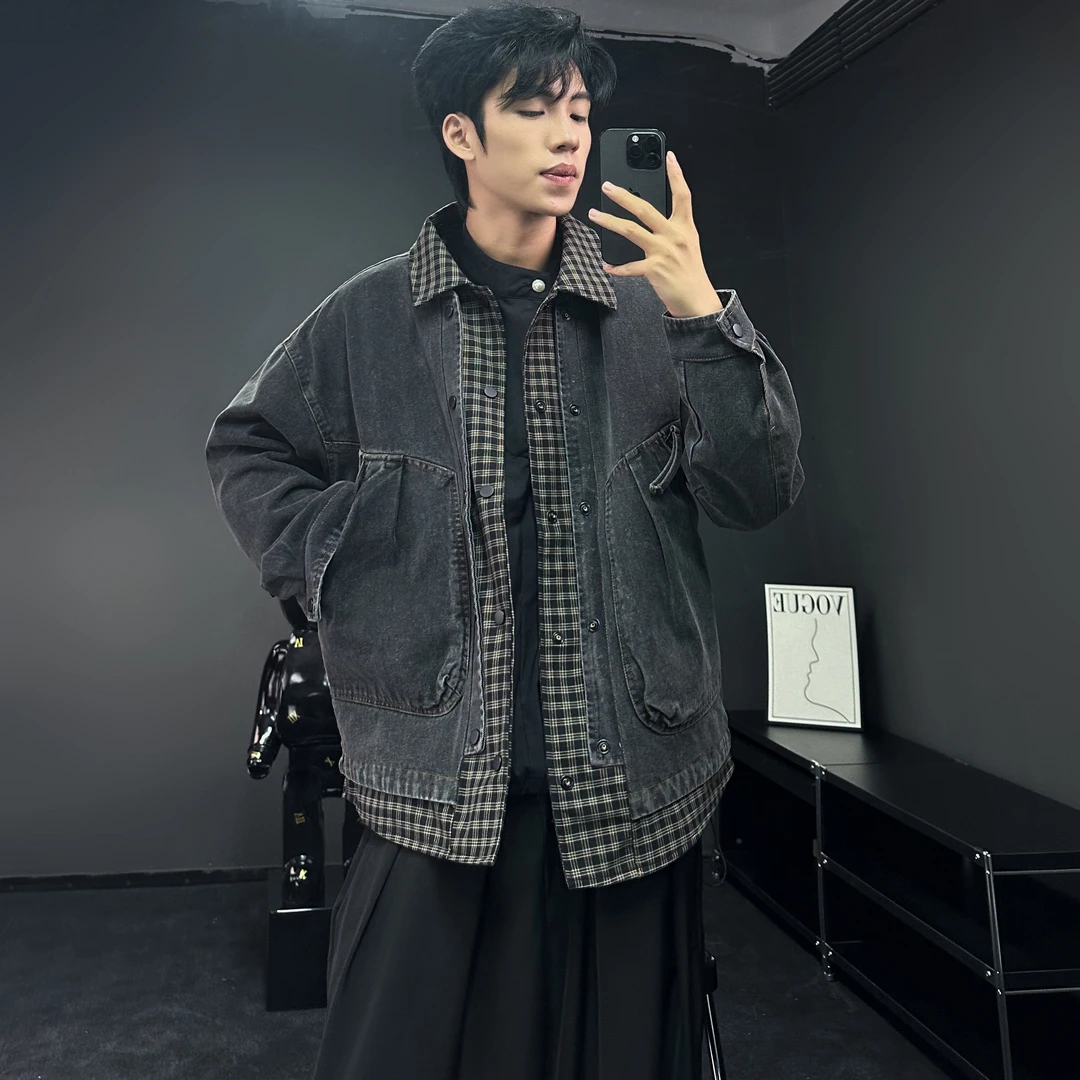 秋冬加厚假两件棉服翻领高级感痞帅工装牛仔外套休闲百搭宽松棉衣