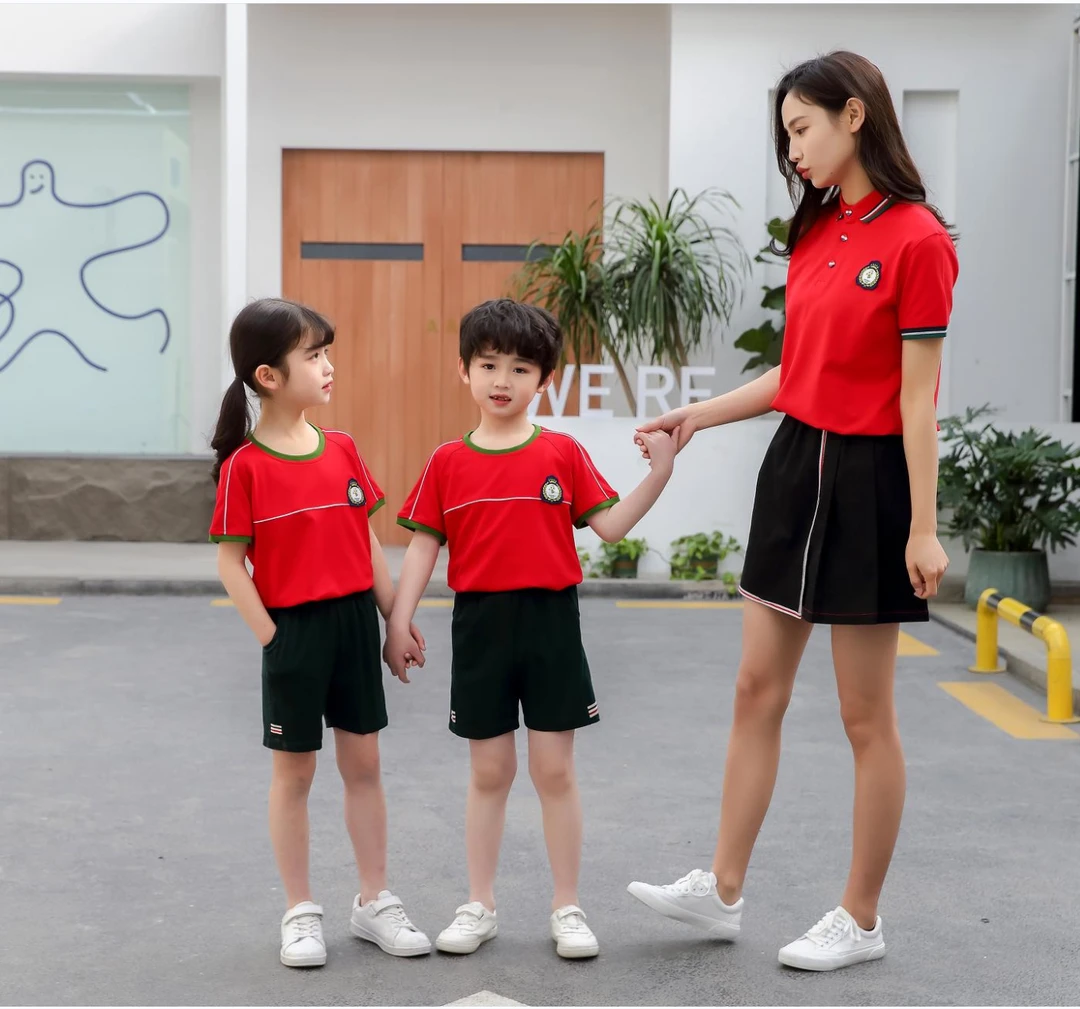 童装夏季休闲红色男童女童套装一家三口装时尚服装运动夏装儿童