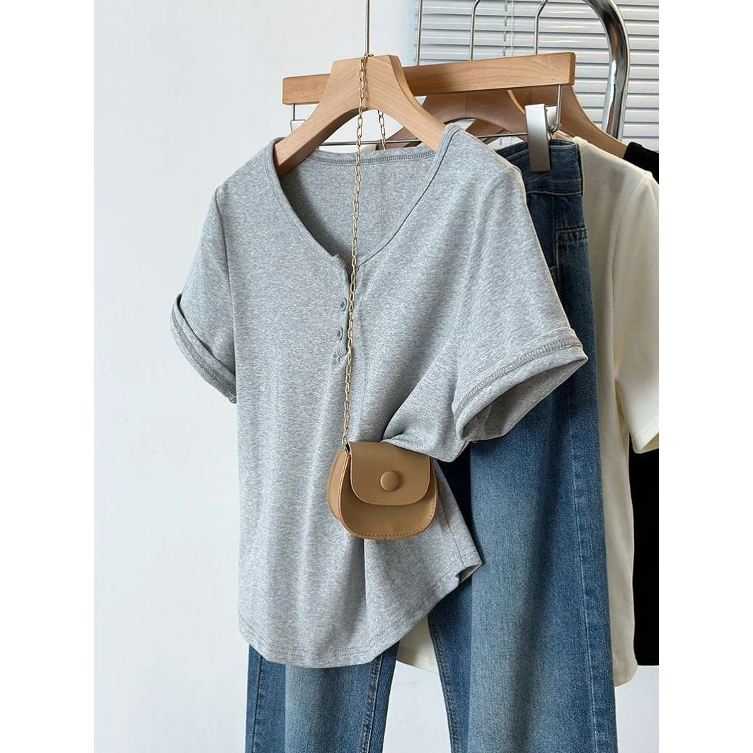 夏季新款大码女装休闲百搭短袖t恤胖妹妹纯色遮肚子休闲正肩上衣