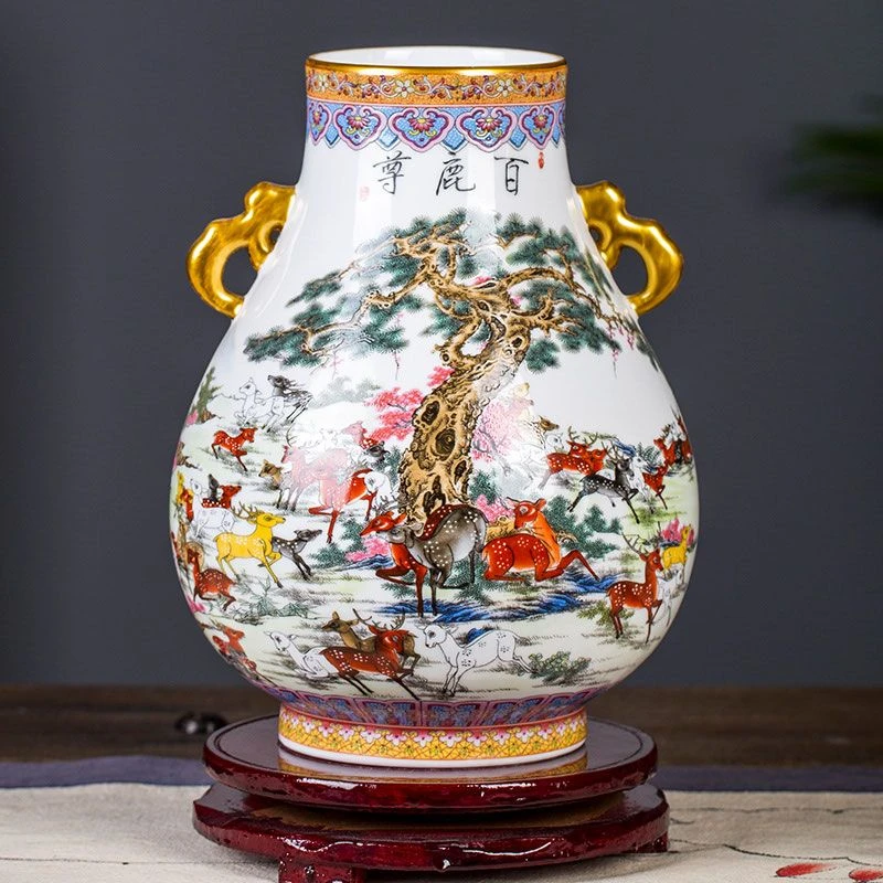 景德镇珐琅彩新品仿复古白鹿尊大号 家居客厅玄关博古架装饰摆件