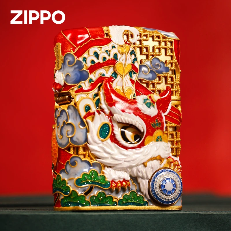 ZIPPO打火机DIY套壳金色灵动舞狮国风工艺防风原装男士DY8902TF
