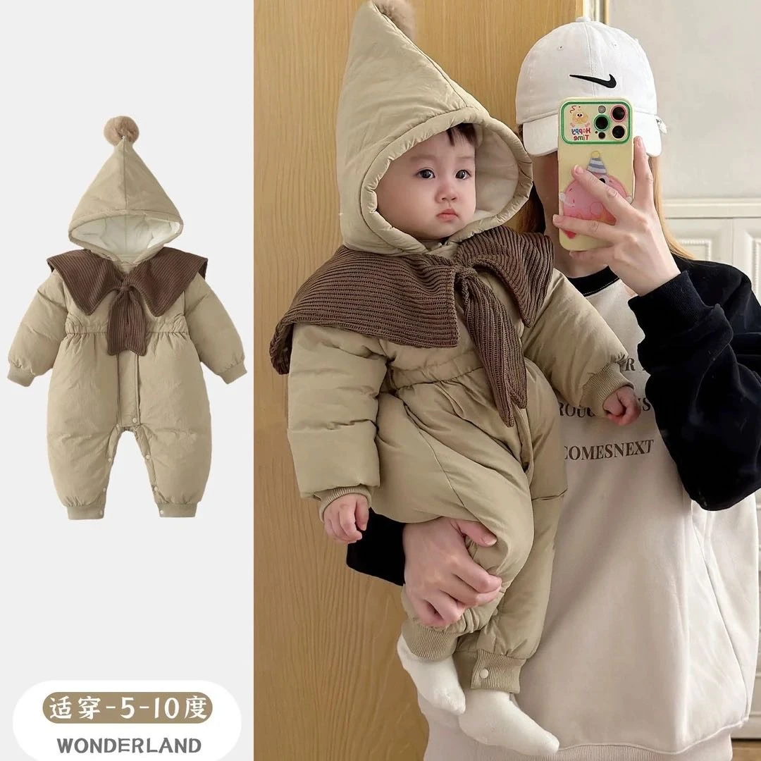 2024新款婴幼儿男女宝宝连体衣超萌加绒夹棉连帽哈衣冬季外出棉服