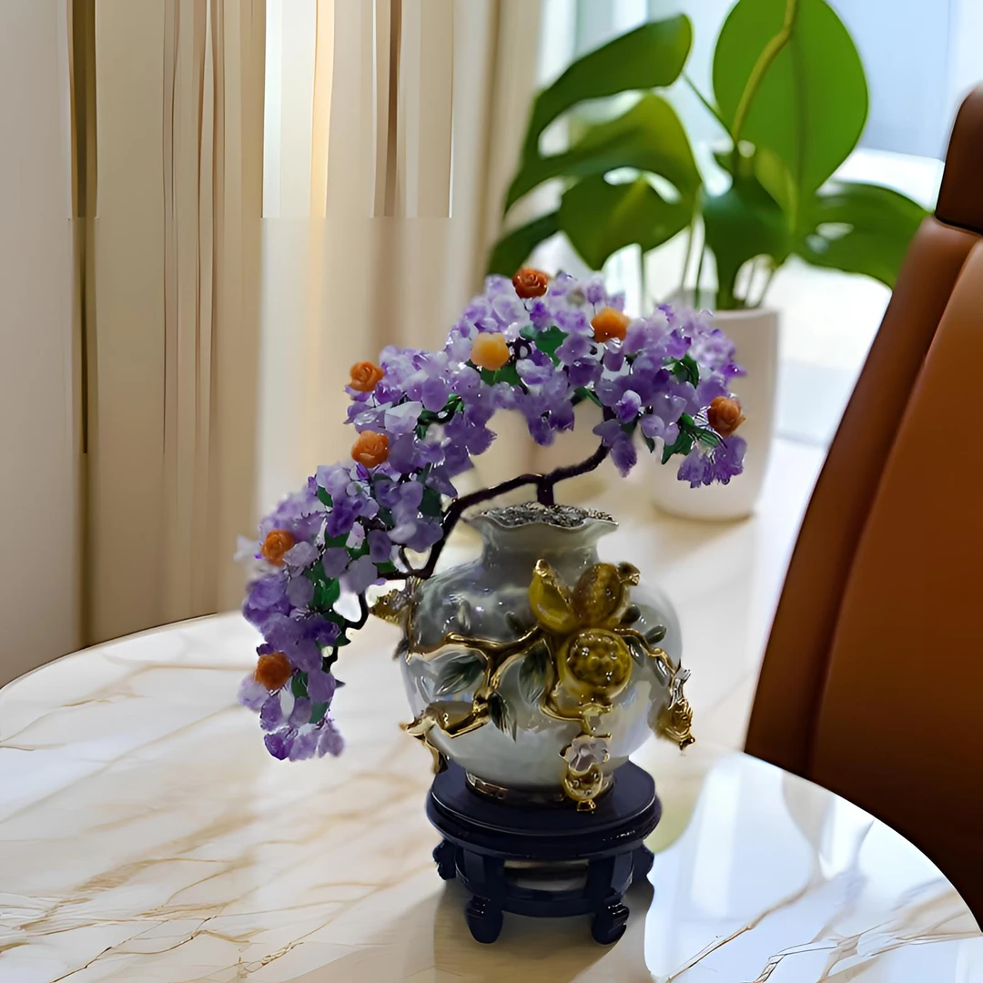 【紫洋洋】陶瓷金石榴迎客松紫水晶树摆件