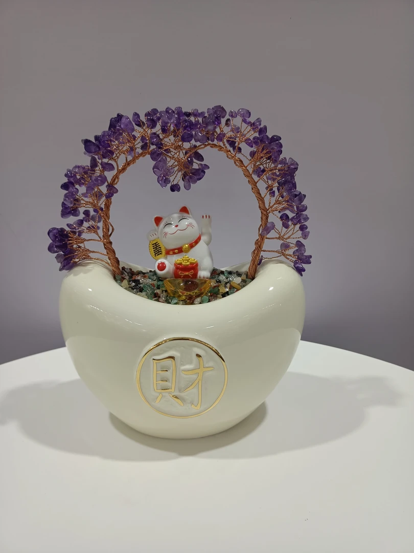 【紫洋洋】招财猫心形水晶招财树