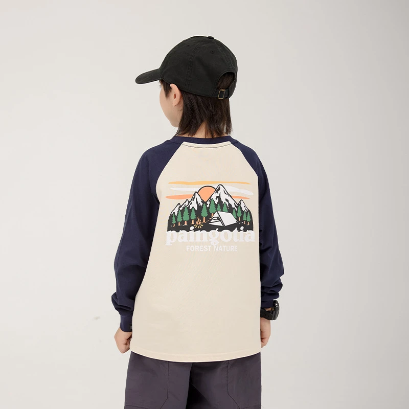 吉米妈【山系印花】设计师款秋款男童上衣印花插肩袖圆领t恤qk053