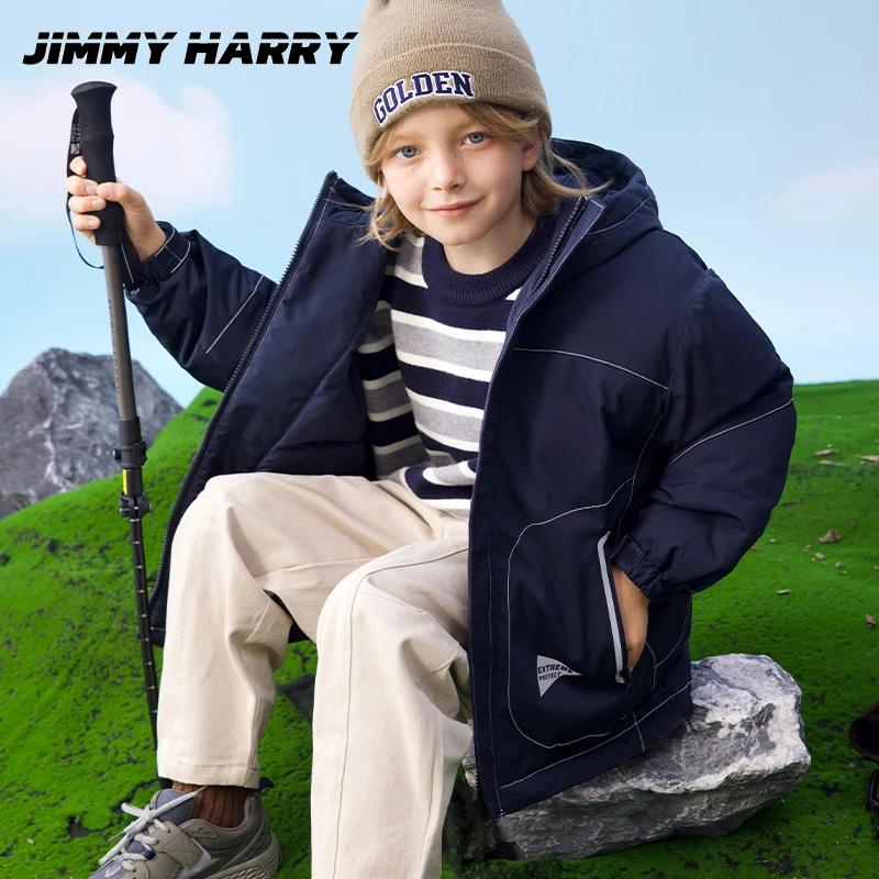 吉米妈【丹宁线条】中大童户外连帽防风保暖冬中长款羽绒服DY2481