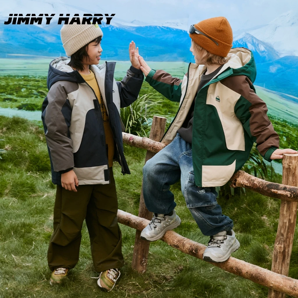 吉米妈【步履同行】男童户外工装风加厚保暖撞色连帽羽绒服DY2475