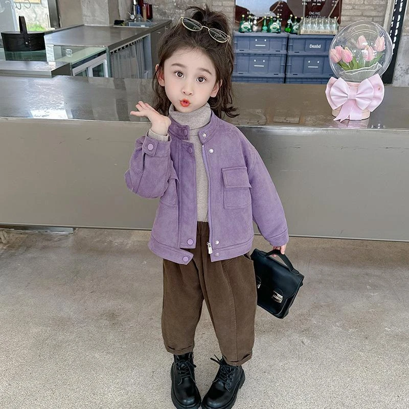 女童外套春秋款2024新款洋气儿童装春装女宝宝鹿皮绒韩版上衣皮衣