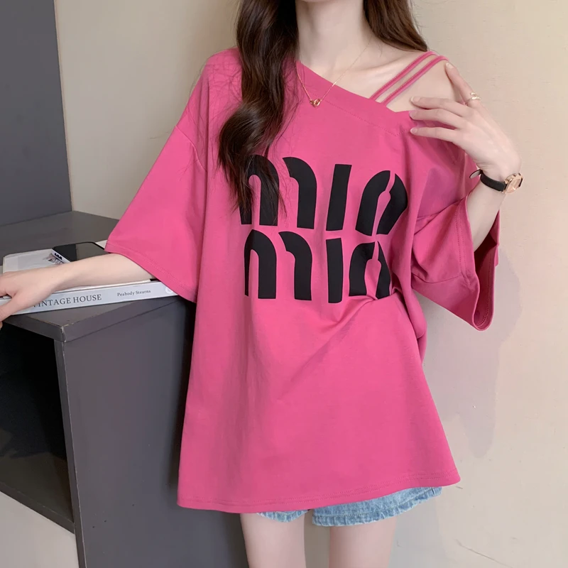 宽松oversize短袖T恤女夏2024新款韩版网红小心机斜肩纯棉上衣潮