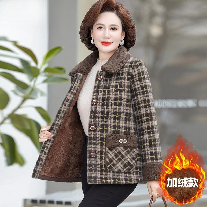 皮尔卡丹新款妈妈装秋冬季外套加绒毛呢女短款洋气中老年冬装加厚