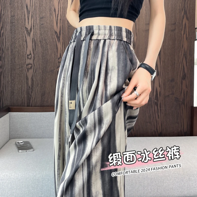 醋酸冰丝阔腿裤女夏季薄款2024新款高腰垂感防晒条纹缎面直筒裤子