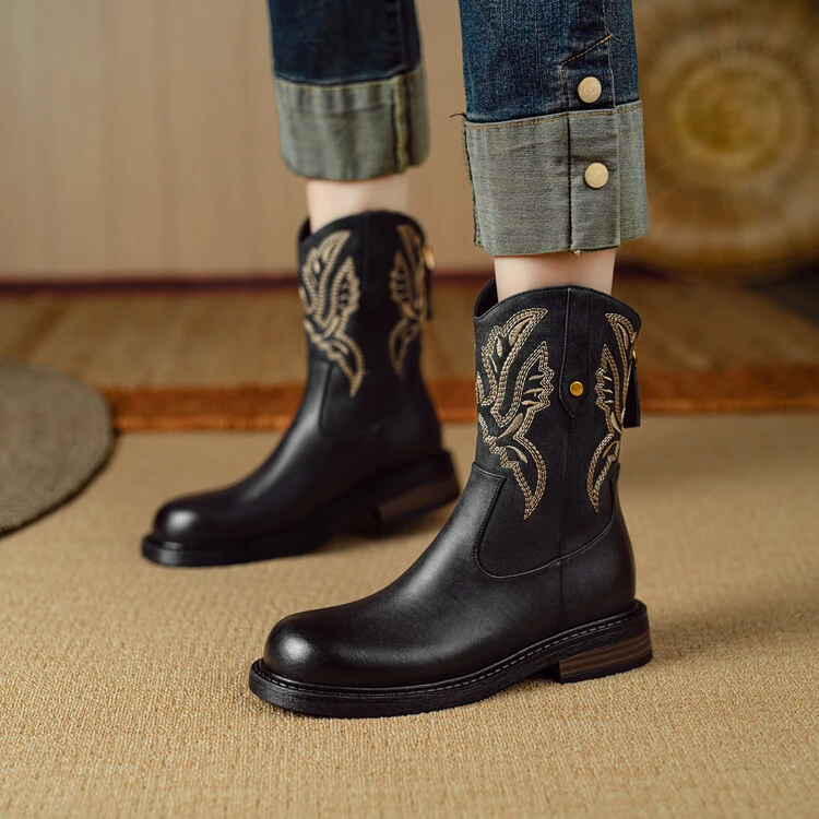 【DL】牛皮新款刺绣复古风后拉链西部靴粗跟骑士靴时尚百搭马丁靴
