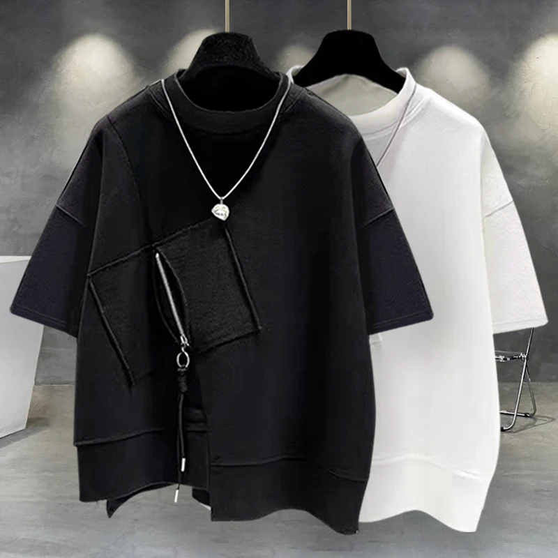 个性拉链设计感短袖T恤男款夏季韩版潮牌拼接纯色宽松圆领半袖t恤