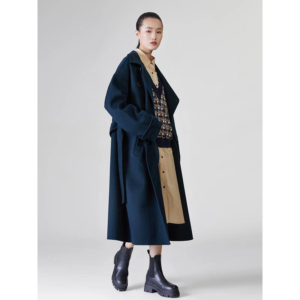 刘刘墨原创蓝色双面羊毛大衣秋冬韩系中长款时尚宽松毛呢外套女