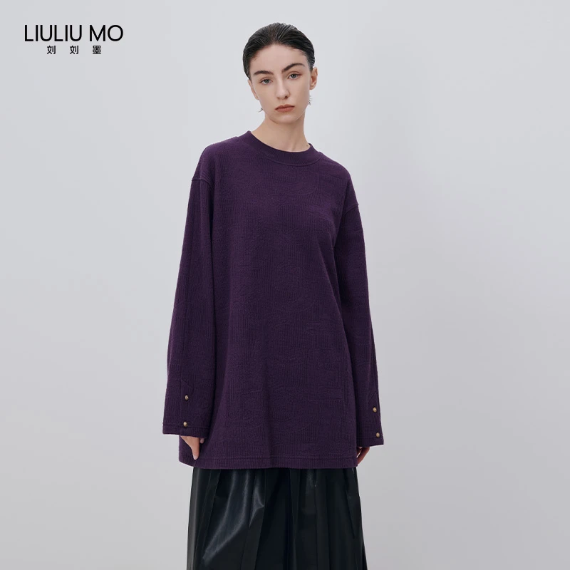 刘刘墨秋冬紫色设计小众时尚复古宽松显瘦肌理感中式印花休闲卫衣