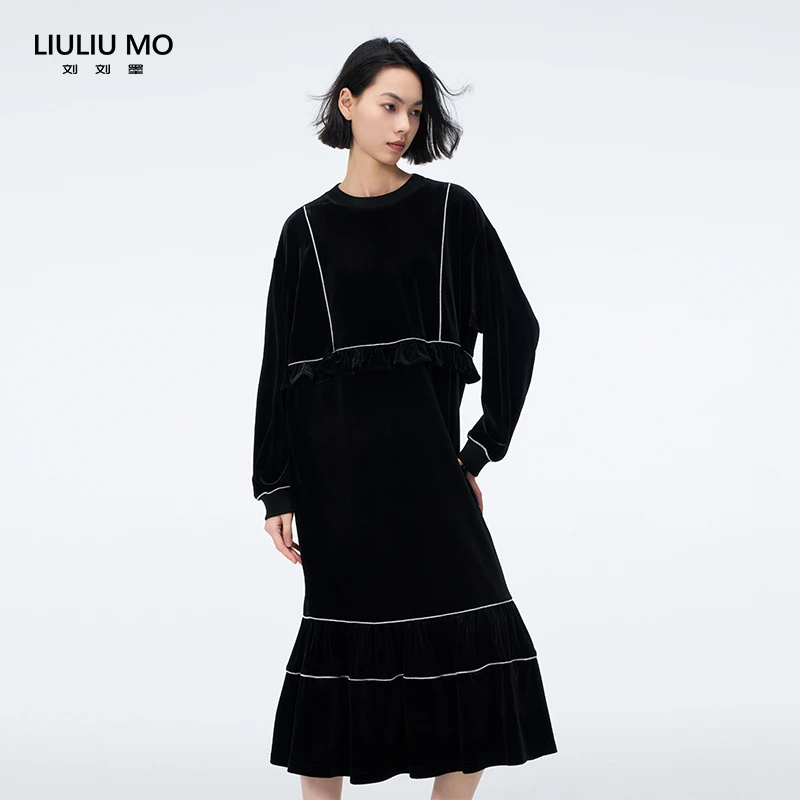 刘刘墨设计师赫本风丝绒连衣裙高贵上档次女装黑色长裙2311150501