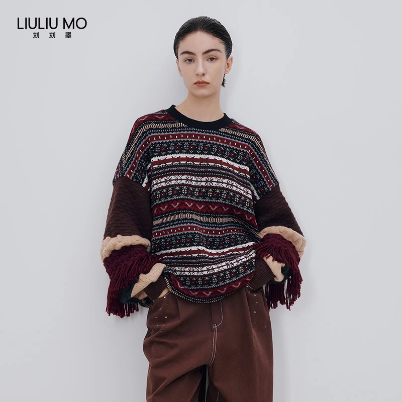刘刘墨设计师个性时尚复古毛线织花拼接彩袖圆领民族风套头卫衣