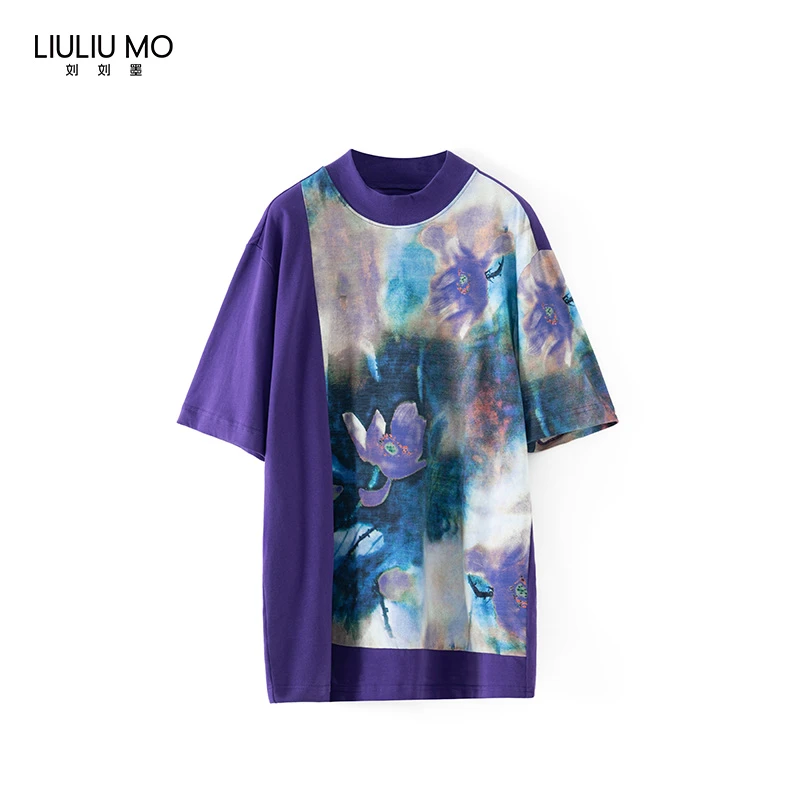刘刘墨原创设计师时尚休闲紫色拼接立领上衣圆领印花撞色油画上衣