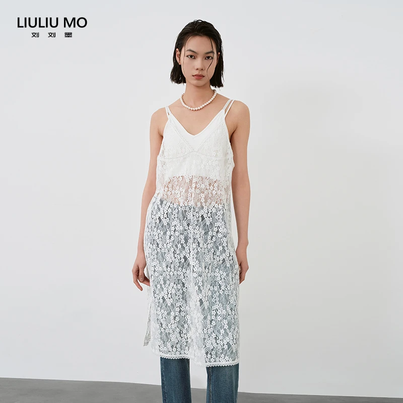 刘刘墨白色重工镂空水溶蕾丝V领侧开衩吊带连衣裙高贵上档次女装