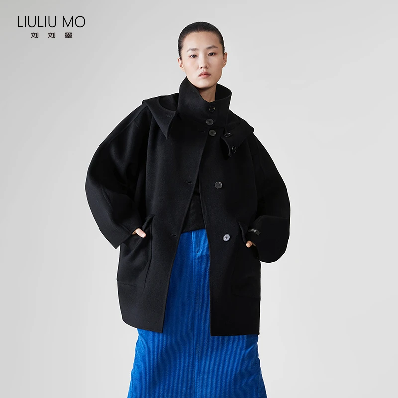 刘刘墨商场同款黑色西装式双面羊毛呢大衣小众设计感中长连帽外套