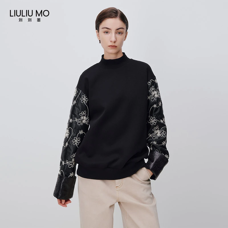 刘刘墨秋冬时尚简约刺绣袖筒设计感百搭小众黑色宽松拼接长袖卫衣