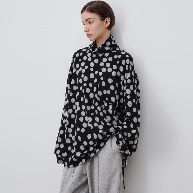 刘刘墨原创设计气质时尚高领波点针织上衣极简印花长袖宽松百搭