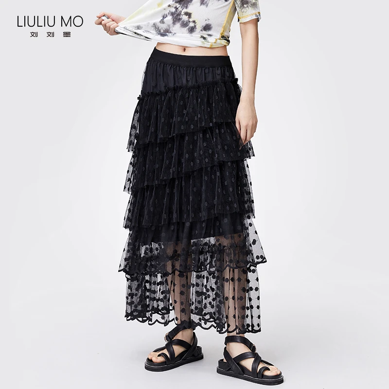 LIULIU MO波点网纱半身裙不规则蛋糕百褶港味复古裙子2204010508