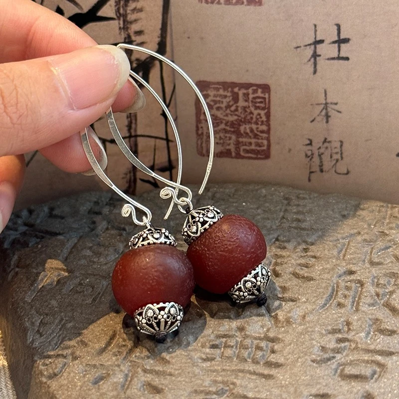 925银耳饰 E25203爱心红灯笼耳钩耳环藏式风民族风复古百搭新中式