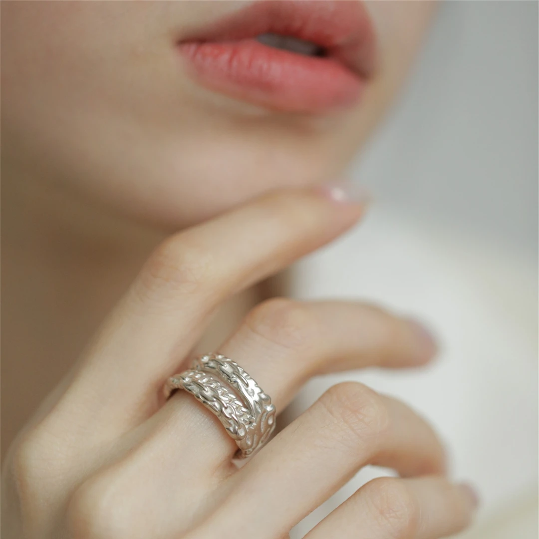 VANTIA/梵缇娅 925银戒指 J03980 重工肌理双层开口戒指百搭时尚