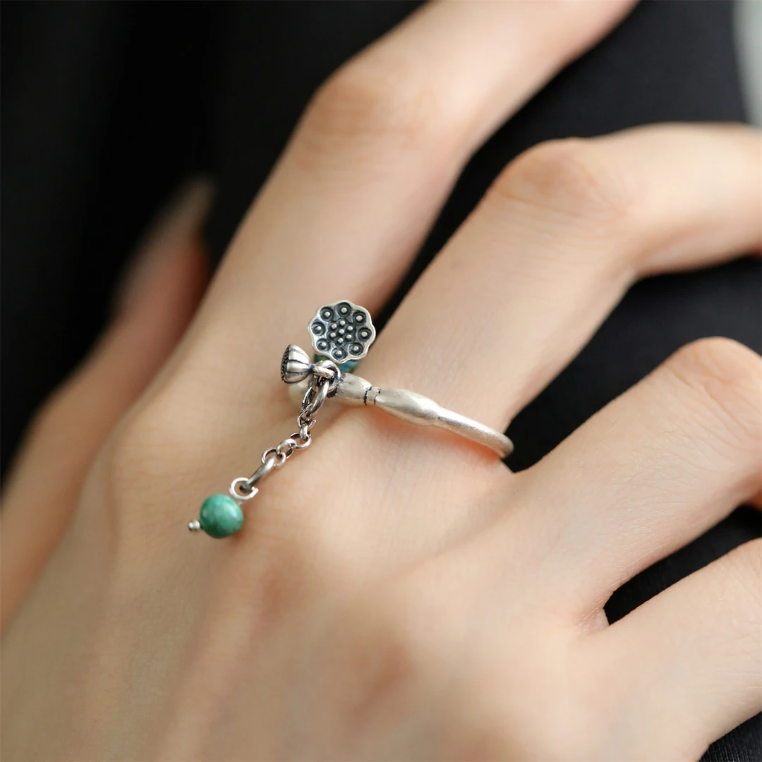 足银戒指 J11526 足银莲蓬莲藕流苏戒指女新中式国风设计个性指环